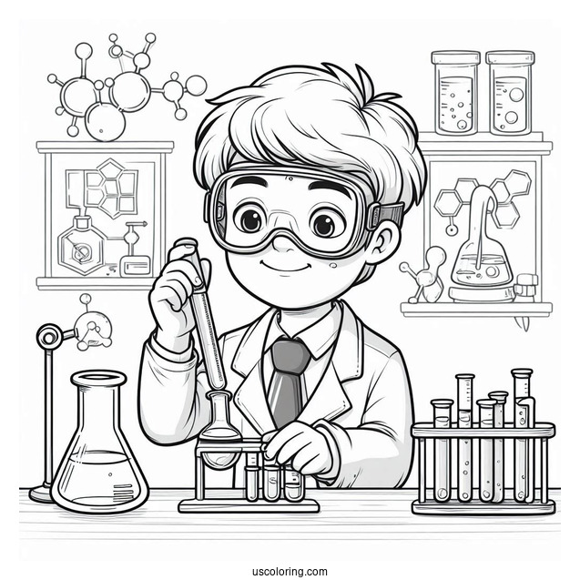 Science Coloring Page Of Boy In Goggles And Lab Coat In A Science Laboratory