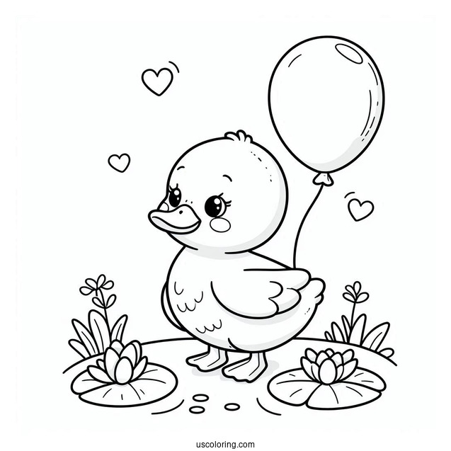 Adorable Duck With Balloon Standing On Lily Pad Coloring Sheet For Preschoolers