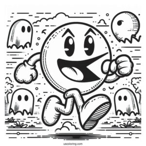 Detailed Pac-Man Coloring Page Running With Ghost Icons In Background Poster