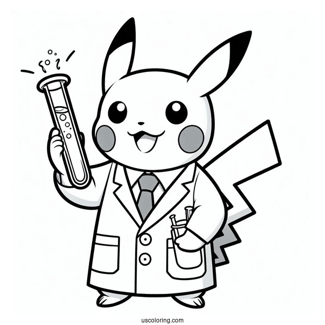 Science Coloring Page Of Scientist Pikachu Holding Up A Test Tube For Kids