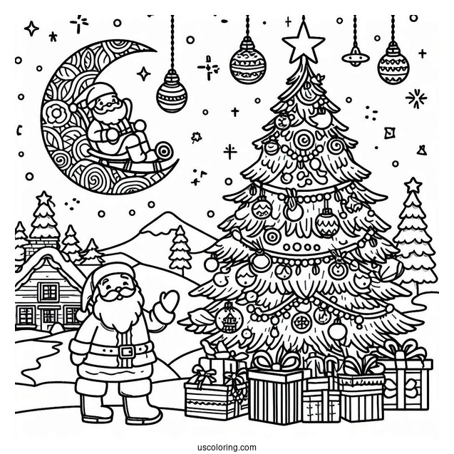 Santa Themed Christmas Tree Coloring Sheet