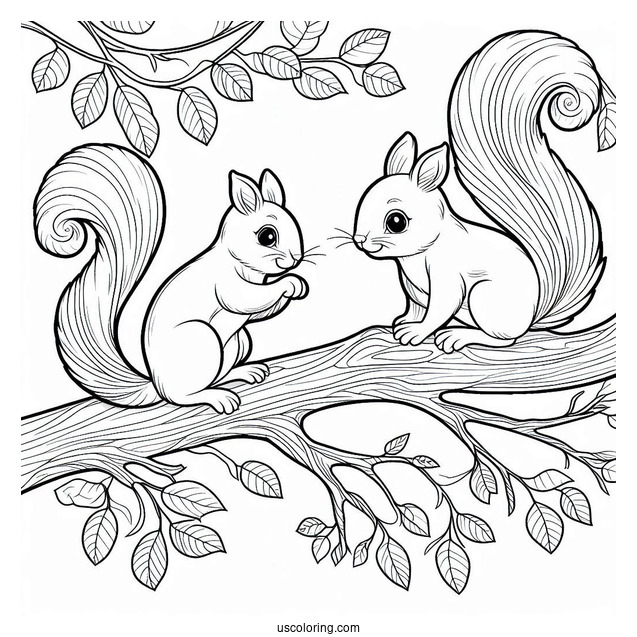 Easy Outline Of Two Squirrels Coloring Page On Tree Branch