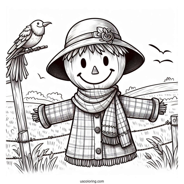 Smiling Scarecrow Coloring Page In The Field Wearing A Scarf