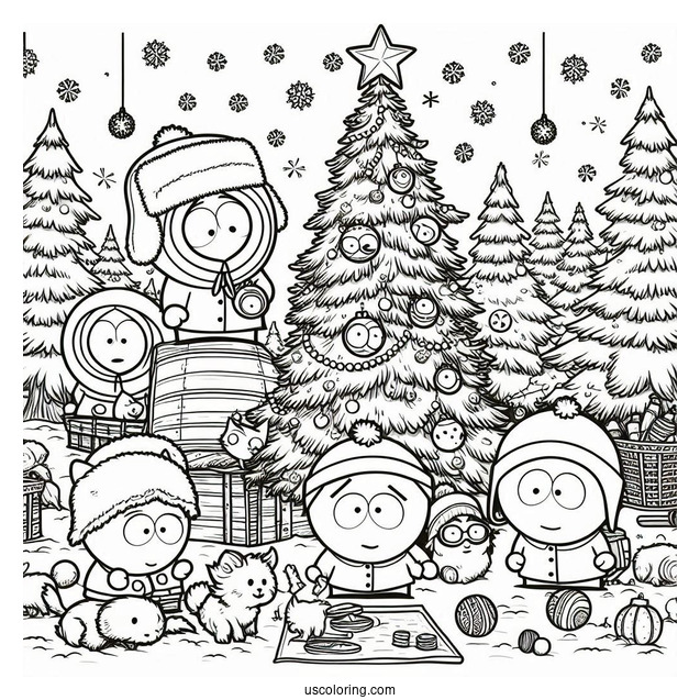 Detailed South Park Coloring Page Of Kyle, Kenny, Stan, And Eric Decorating Christmas Tree With Forest Animals