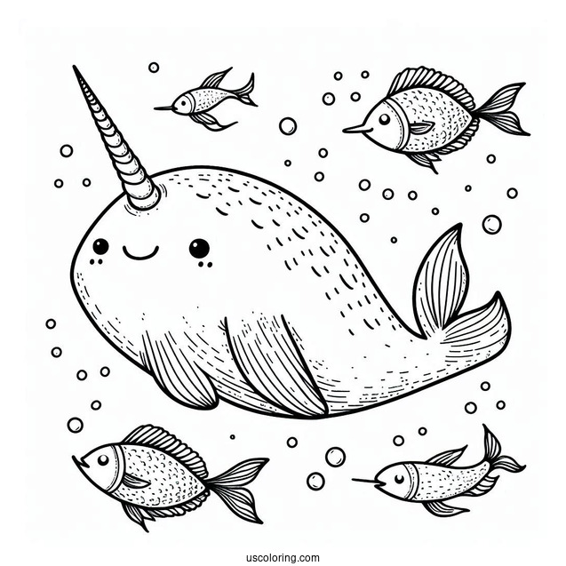 Narwhal Coloring Page Swimming With Fishes