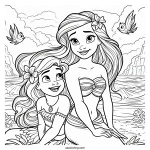 Moana And Ariel At Sea Coloring In