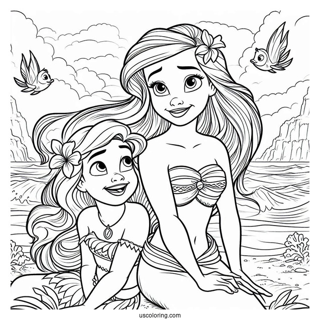 Moana And Ariel At Sea Coloring In