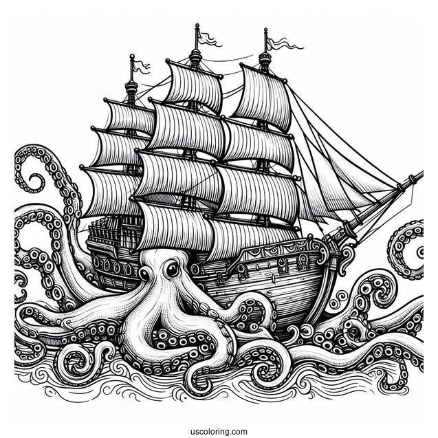 Giant Kraken Octopus Coloring Page Capturing Ship