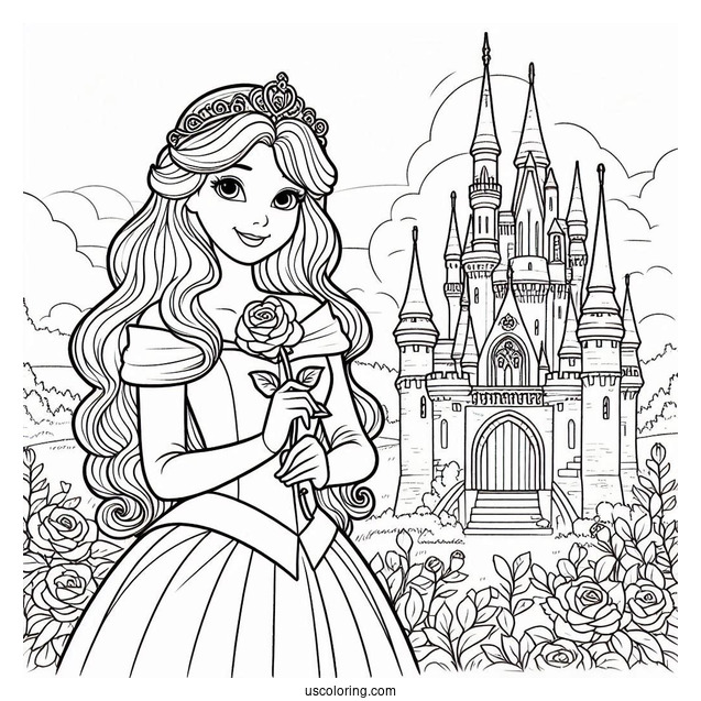 Princess Coloring Page Of Aurora Holding Rose Outside Castle