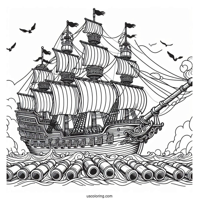 Coloring Page Of Pirate Ship With Multiple Canons