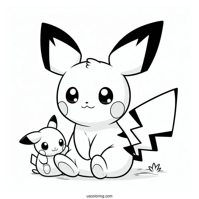 Pichu Coloring Page Sitting With Stuffed Toy Raichu
