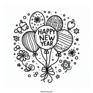 Balloons In The Middle Of Happy New Year Coloring Page Of Words For Kids