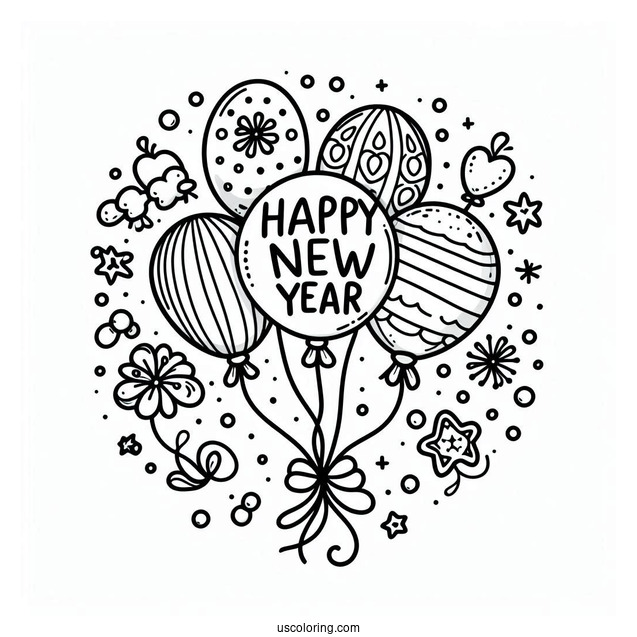 Balloons In The Middle Of Happy New Year Coloring Page Of Words For Kids