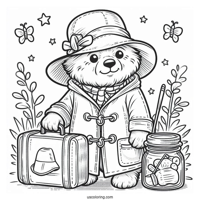 Easy Paddington Coloring Page Outline With Suitcase And Jar For Preschoolers