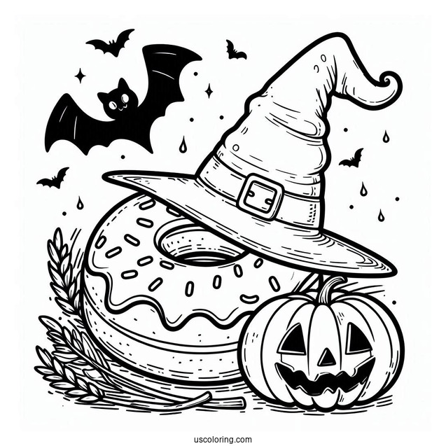 Donut Coloring Page Wearing A Witch's Hat On Halloween