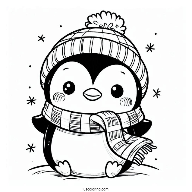 Happy Little Penguin Wearing Scarf Coloring In