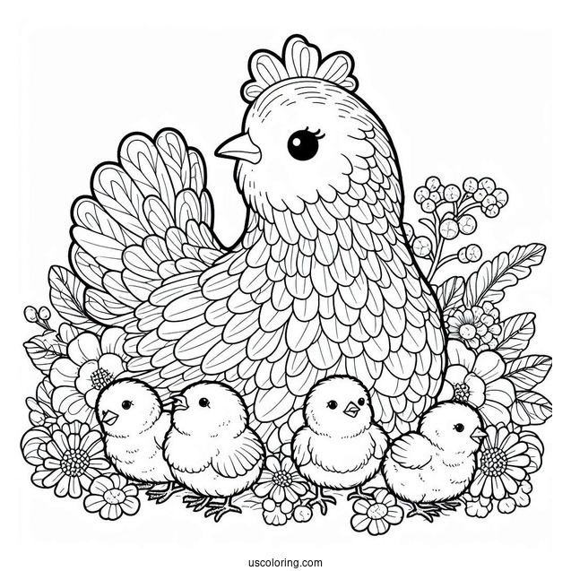 Mother Hen With Newborn Chicks To Color