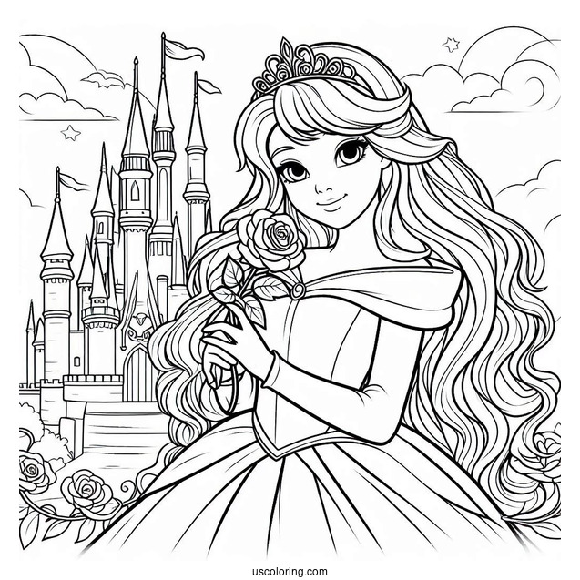 Princess Coloring Page Of Aurora Holding Rose Outside Castle