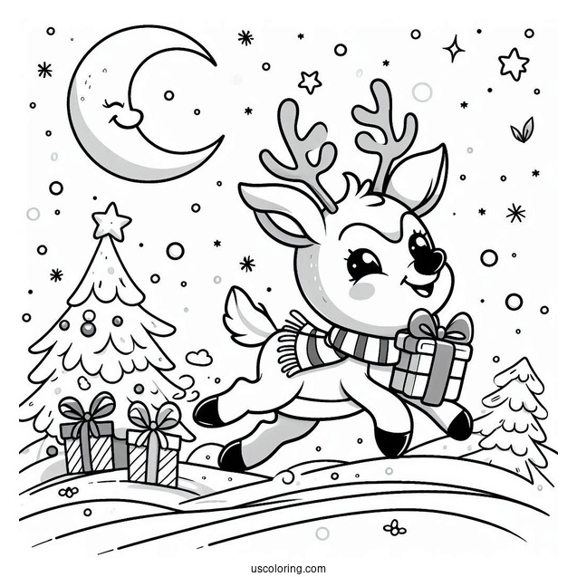 Happy Rudolph Coloring Page Trotting In The Snow With Presents In The Background