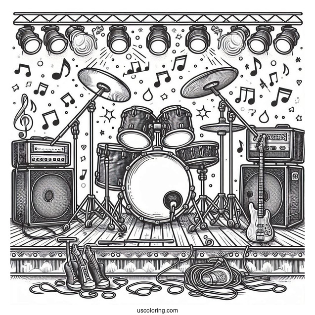 Music Coloring Page Of Complete Drum Set On Stage