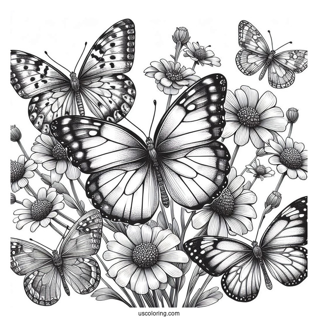 Dozens Of Realistic Butterflies On Flowers