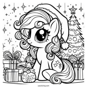 Coloring Page of My Little Pony In Front Of Christmas Tree