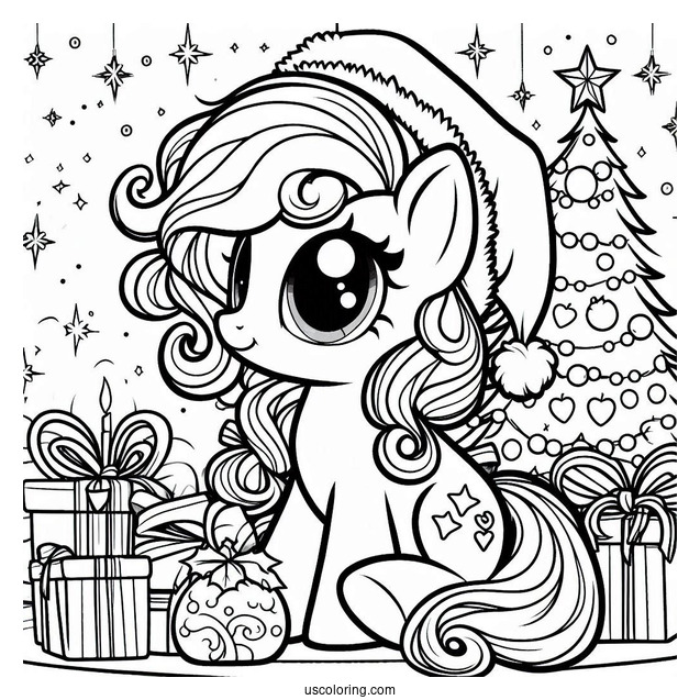 Coloring Page of My Little Pony In Front Of Christmas Tree