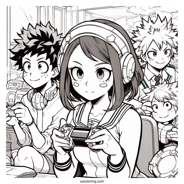 Full Page My Hero Academia Deku Coloring Page Playing Video Game With Friends