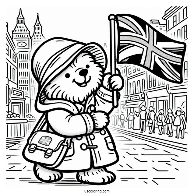 Simple Paddington Coloring Page Waving The British Flag While Walking