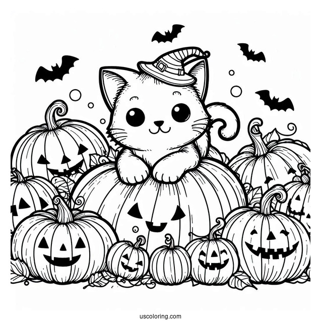 Pumpkin Coloring Page Of Cat Surrounded By Jack O Lanterns