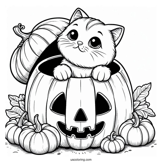 Pumpkin Coloring Page Of Cat Poking Head Out Of A Jack O Lantern