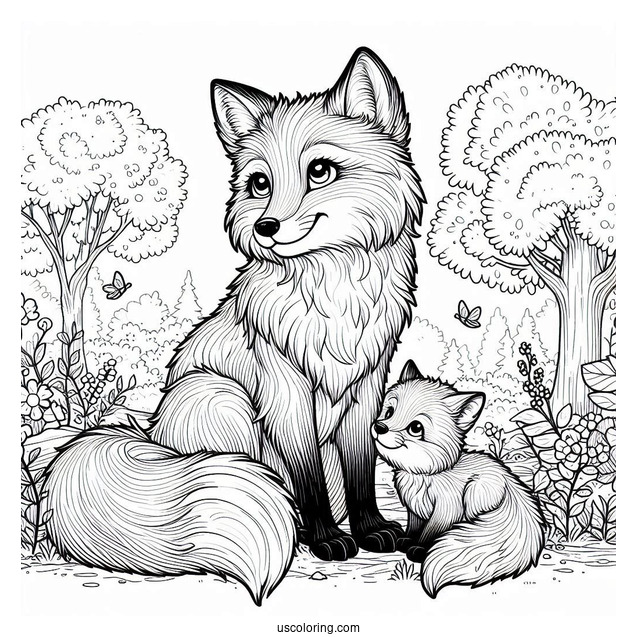 Realistic Mama Fox Coloring Page With Baby Fox In Forest