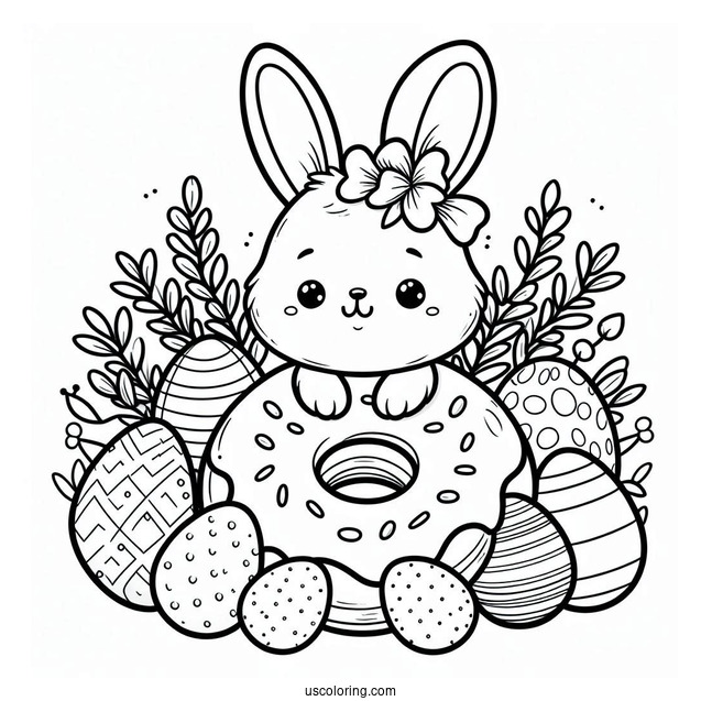 Easter Bunny Donut Coloring Page Surrounded By Eggs