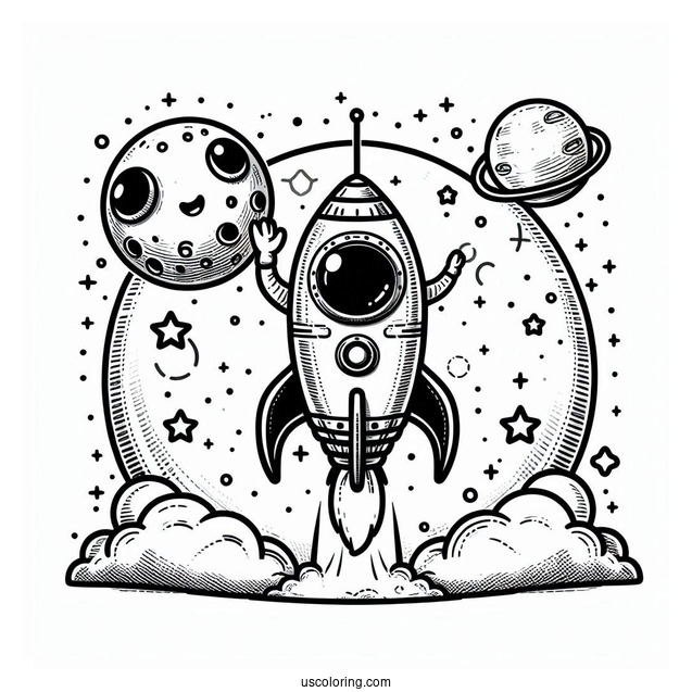 Rocket On The Moon With Astronaut Coloring Page For Kids