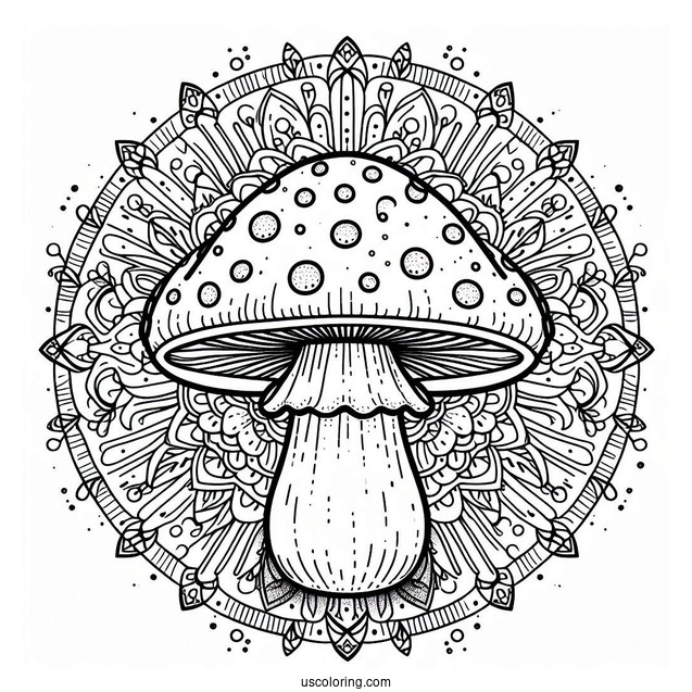 Mushroom Coloring Page In Front Of A Mandala