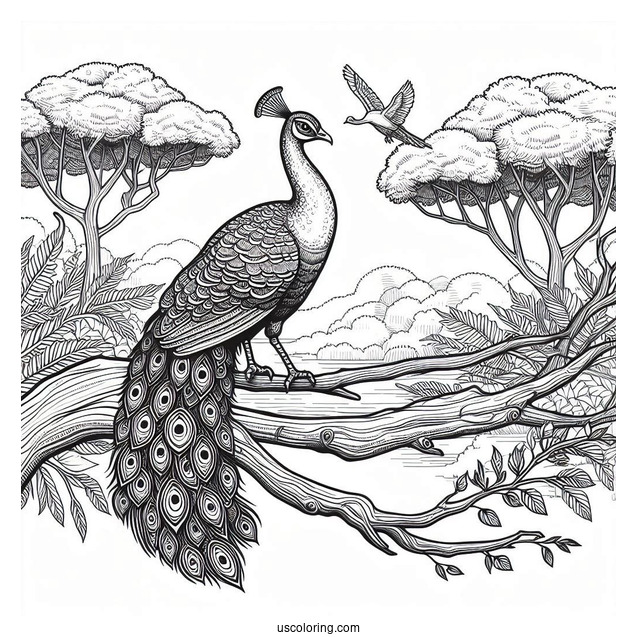 Realistic Peacock Coloring Page on Tree Branch in Forest For Adults