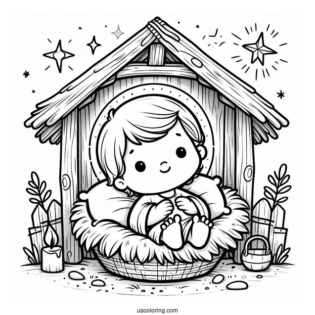 Nativity Coloring Page Of Cute Baby Jesus In The Manger For Kids