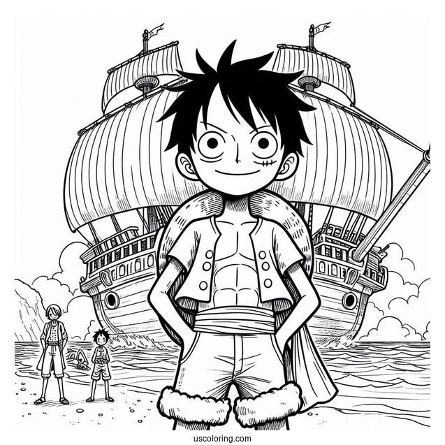 Luffy Coloring Page In Iconic Pose Standing In Front Of Going Merry Ship