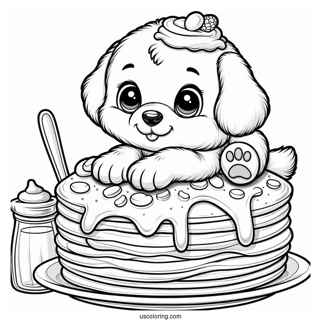 Cartoon Puppy Topping On Fluffy Pancake Coloring Page