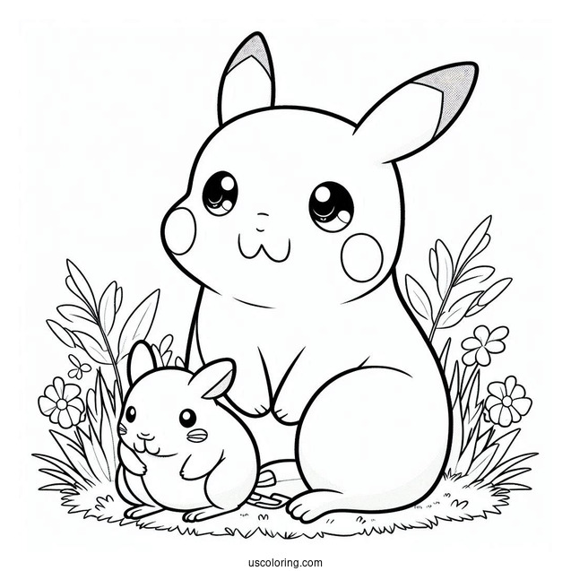 Pikachu Sitting On The Grass With A Capybara Coloring Page For Kids