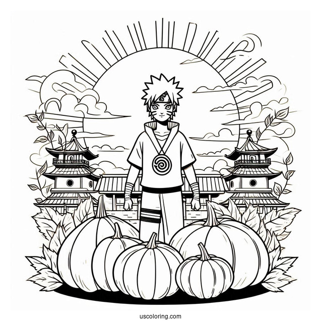 Naruto Coloring Page Of Gaara with Gourd in Front of Sun and Temples