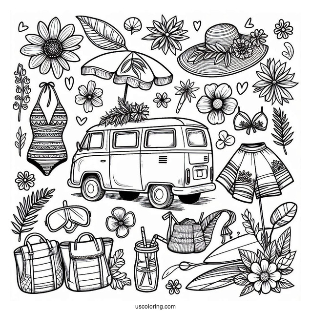 Summer Coloring Page Of Flowers, Swimsuit, Hat, Camper Van, Tree, Surfboard, And Drinks