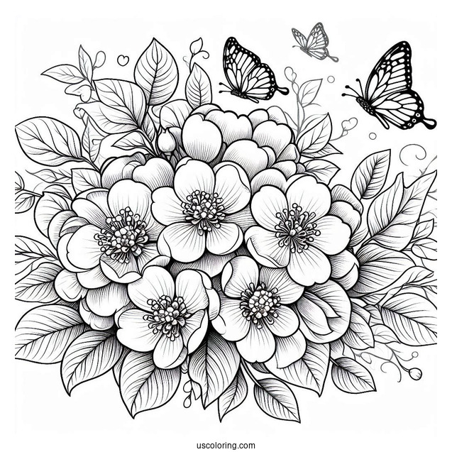 Flower Coloring Pages Of Quince With Butterflies In A Ring