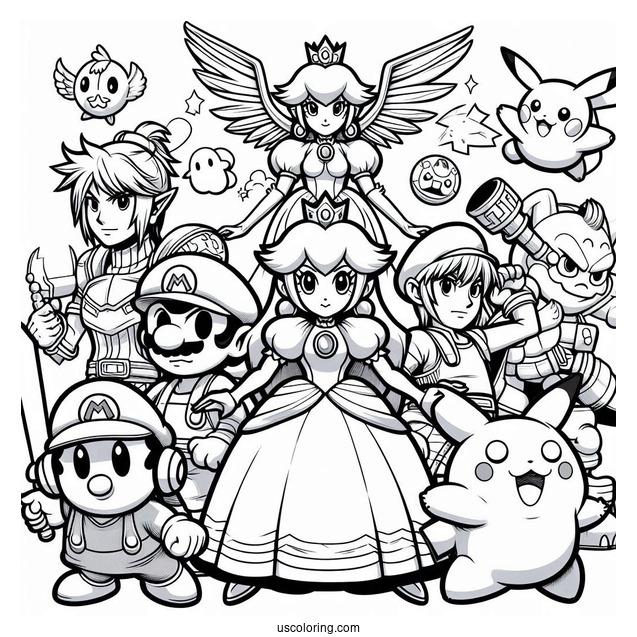 Super Smash Bros Coloring Page Of Princess Peach, Mega Man, Zelda, Samus, Mario, Kirby, Pikachu, And Ness