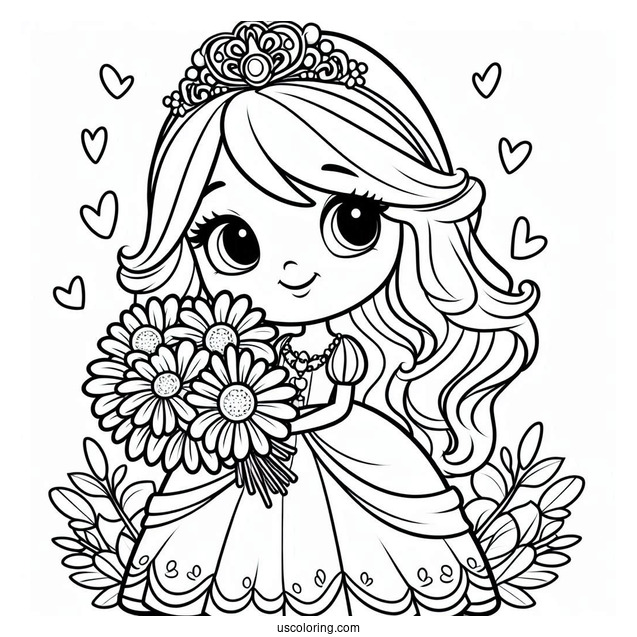 Cartoon Princess Daisy Coloring Page Holding Flower Bouquet