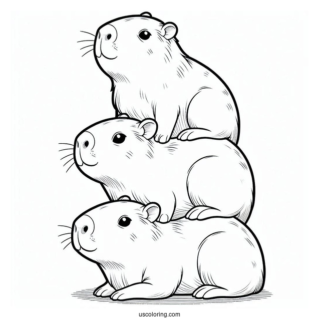 Three Capybara Coloring Page Piled On Top Of Each Other For Preschoolers