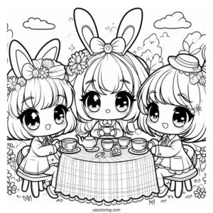 Chibi Coloring Page Girl Wearing Bunny Ears Hosting an Outdoor Tea Party