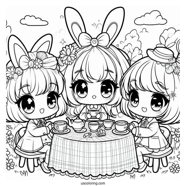 Chibi Coloring Page Girl Wearing Bunny Ears Hosting an Outdoor Tea Party