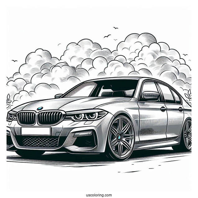 BMW Coloring Page Series 3 Berline With Cloudy Background