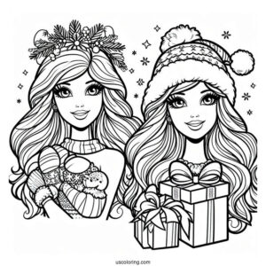 Christmas Themed Barbie Coloring Page